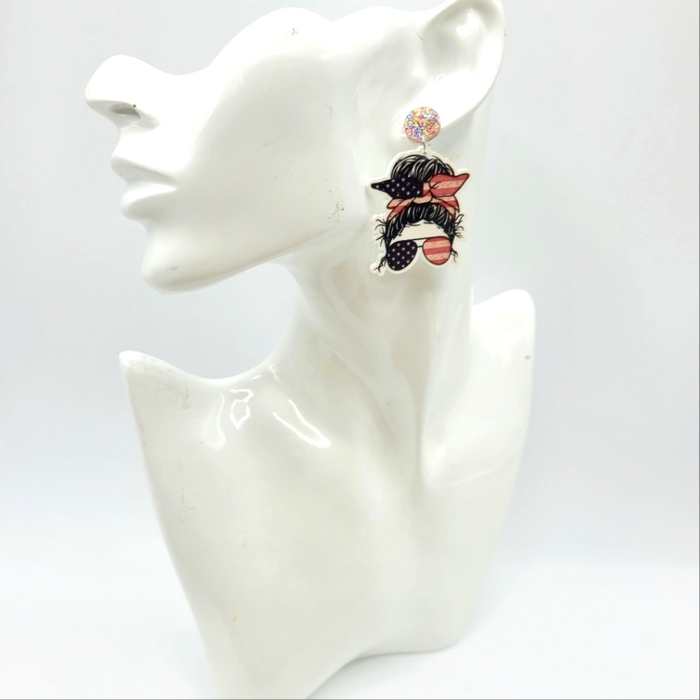 Patriotic Messy Bun Dangle Earrings - Picture 3 of 3